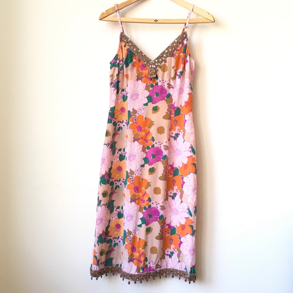 Plenty Tracy Reese  Midi Dress Women 6 Silk Beaded Flower Print